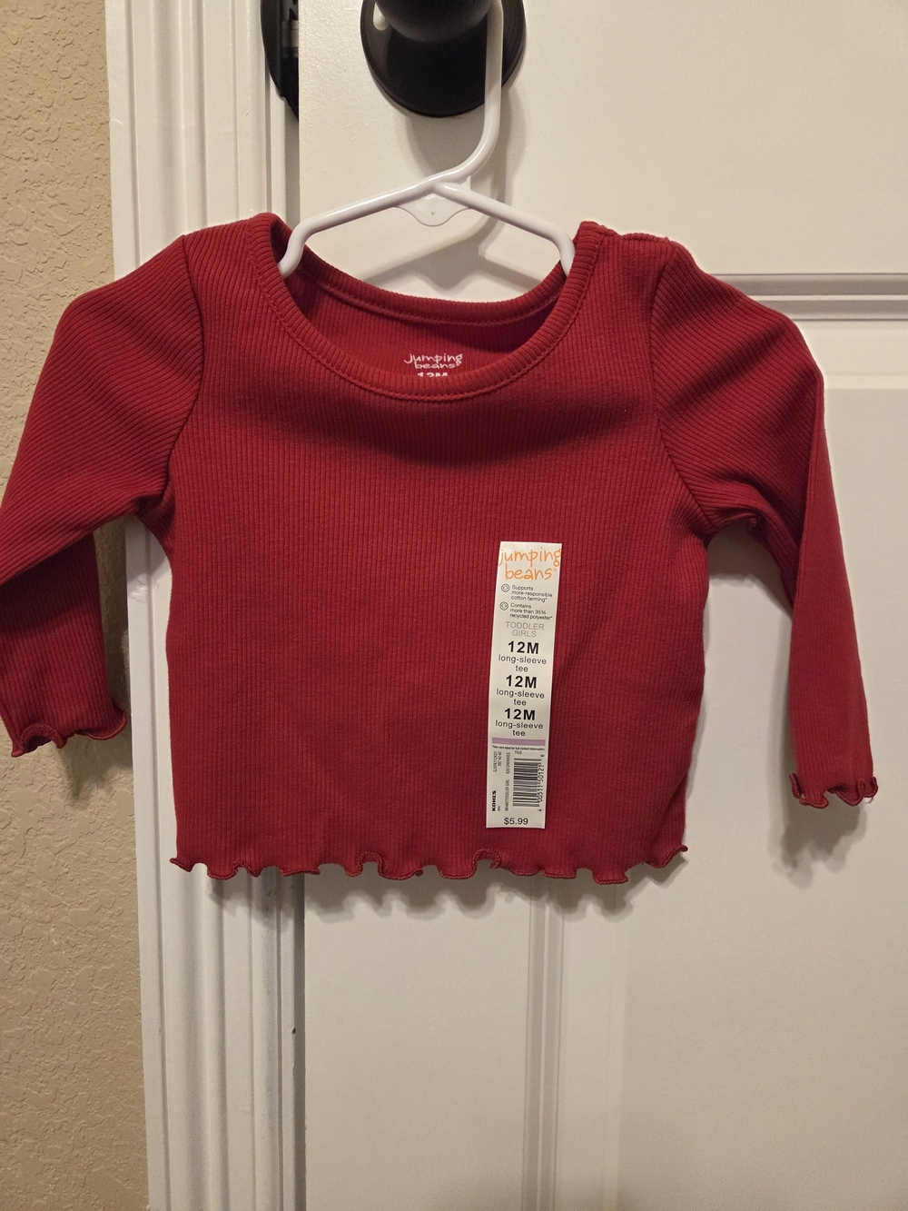 jumping beans Red Ribbed Long-Sleeve Top with Lettuce Hem